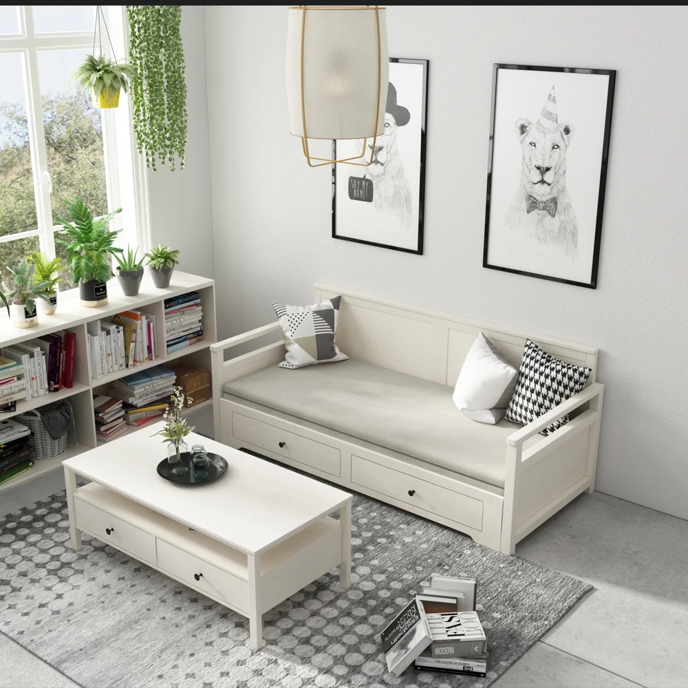 Wood Sofa Bed,Pull Out Sleeper Couch With 2 Drawers Foldable Day Cama