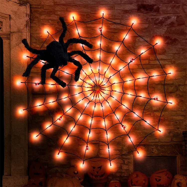 Wholesale 8 Modes Led Spider Web Light With Battery Box Remote Control Halloween Atmosphere Decoration Props