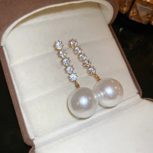 Fashion Korean Large Pearl Drop Wholesale  Long Earrings for Women Elegance Golden Round Zircon Wedding Earrings Jewelry Gift