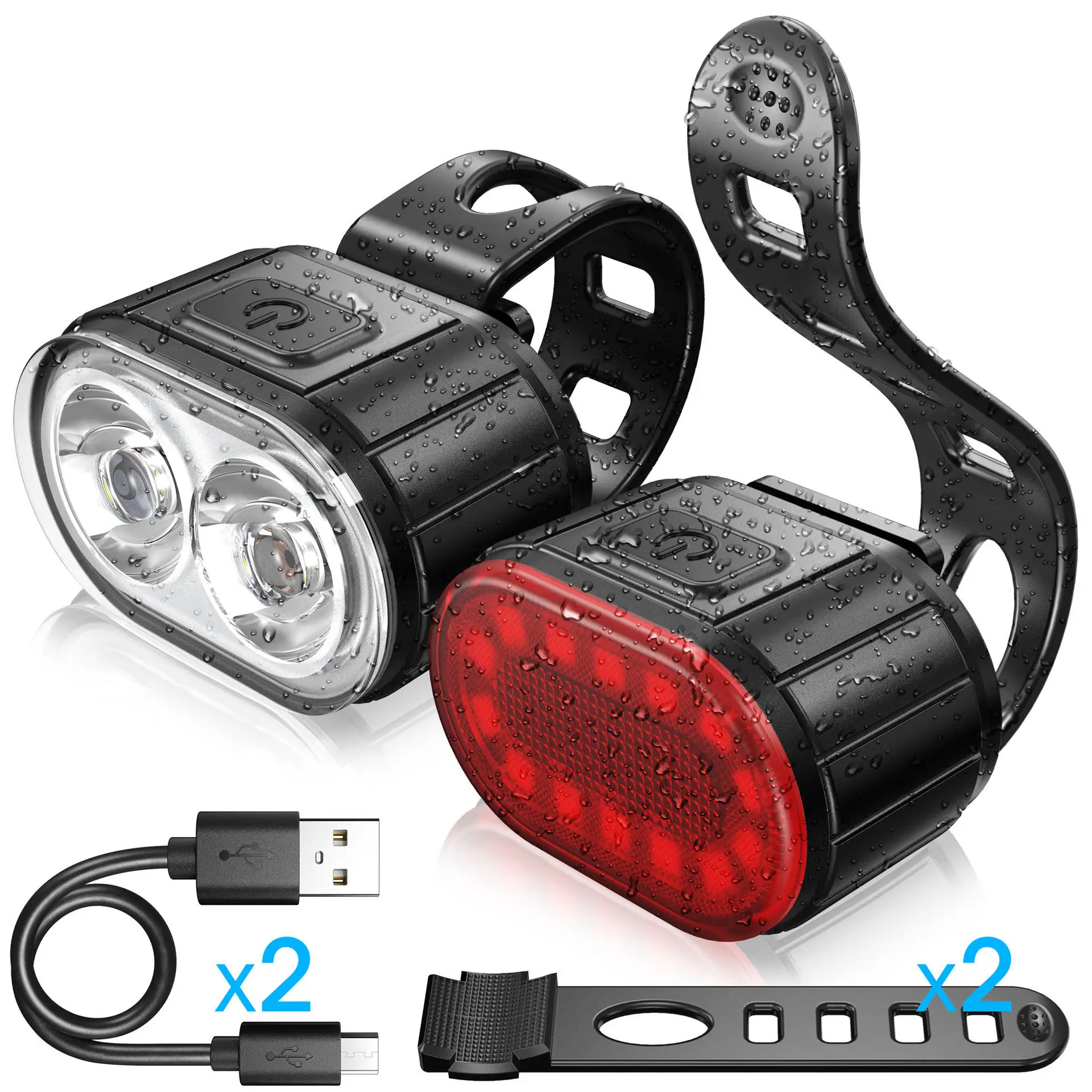 Waterproof usb rechargeable bicycle led rear head tail handle bar lights set front and back bike accessories light flashlight