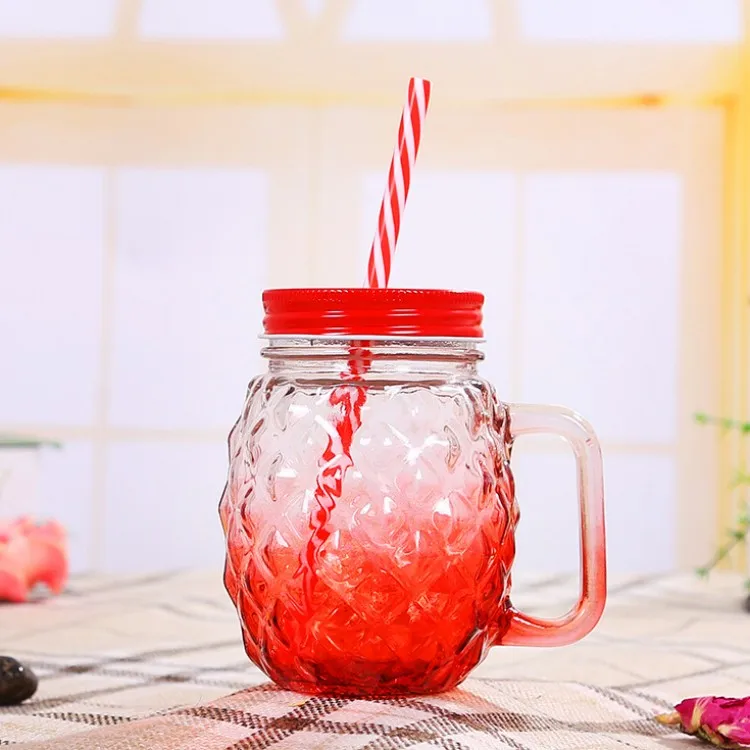 China 480ml 500ml Square Round Handle Mason Jar with Straw for