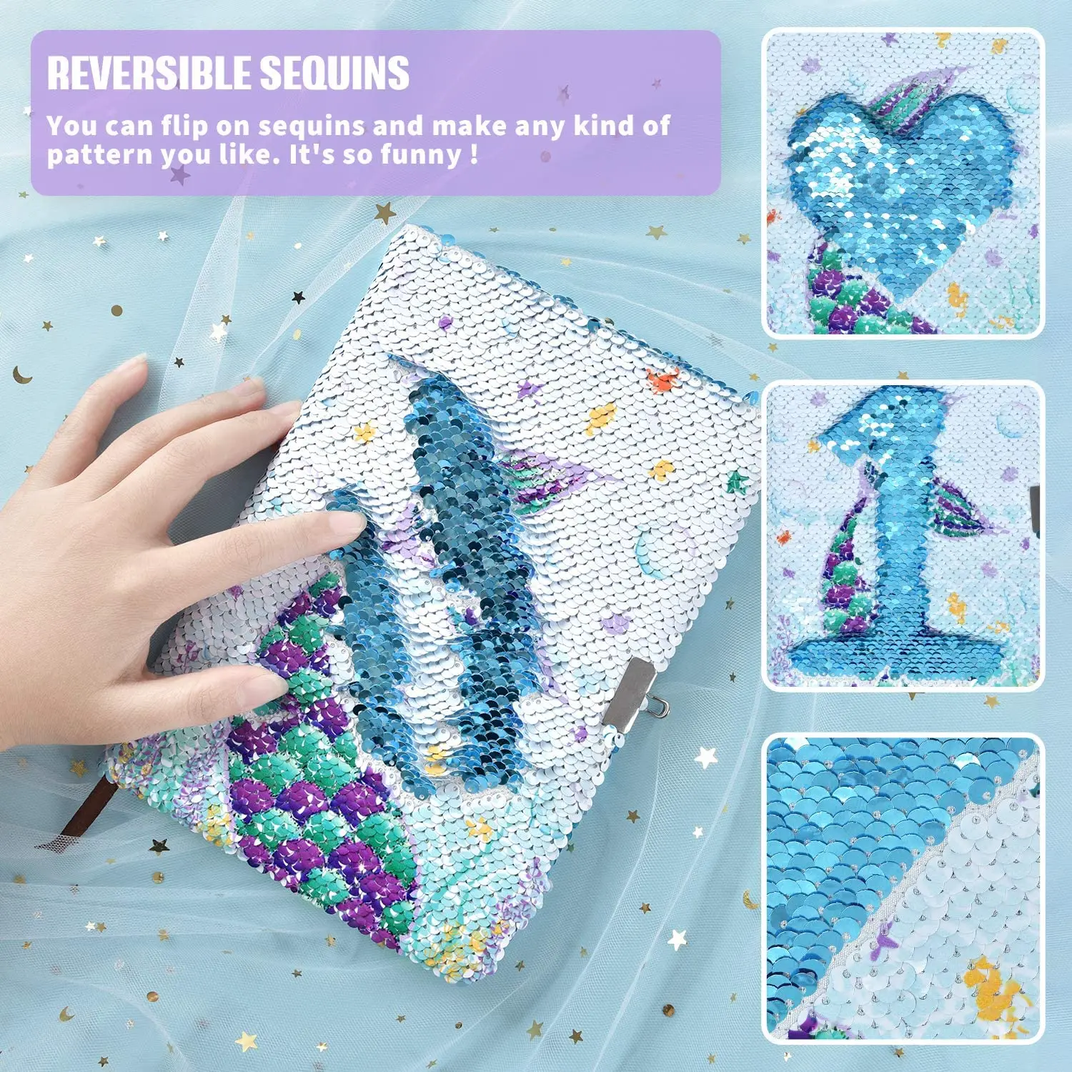 Mermaid Reversible Sequin Journal Sequin Notebook Magic Travel Journal Notebook Gift for Adults and Kids Silver Mermaid 