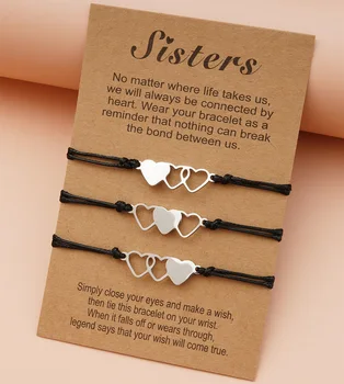 JOJO Fashion 3pcs/set Matching Heart Sister Handmade Braided Stainless Steel Charm Card Bangle Bracelet for Girls