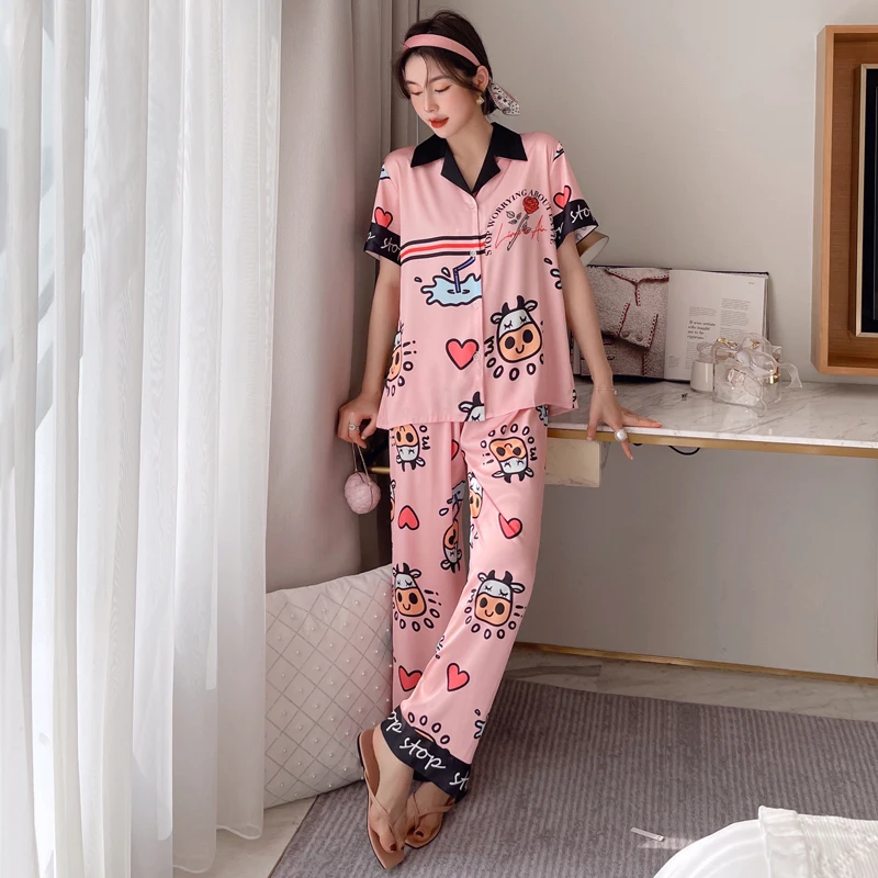 Women's Flannel Cute Cartoon Cat & Slogan Embroidery Pajamas Set, Solid  Loose Plush Pajama Top & Pajama Pant, Women's Loungewear & Sleepwear - Temu