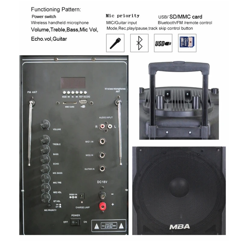 MBA 18 Inch Woofer Trolley Speaker Karaoke Best Quality DJ Blue Tooth Big  Powerful Outdoor Wireless Speaker