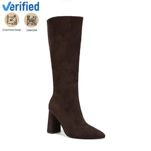 Women's Fall/Winter Solid Taupe Suede Knee-High Block Heel Boots Height Increasing Light Western Platform Essential Fashion