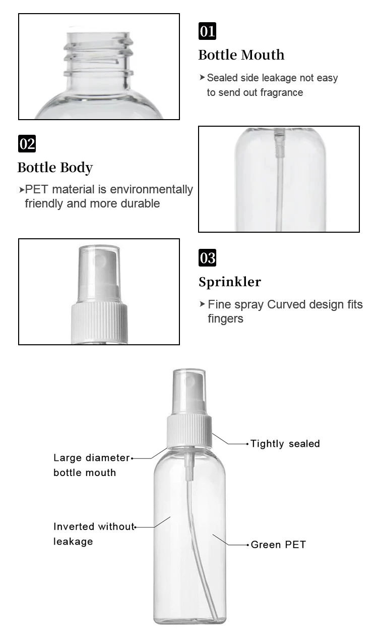 5/10/20/30/50/60/100/120/150/200/250ml Transparent Plastic Spray Bottle
