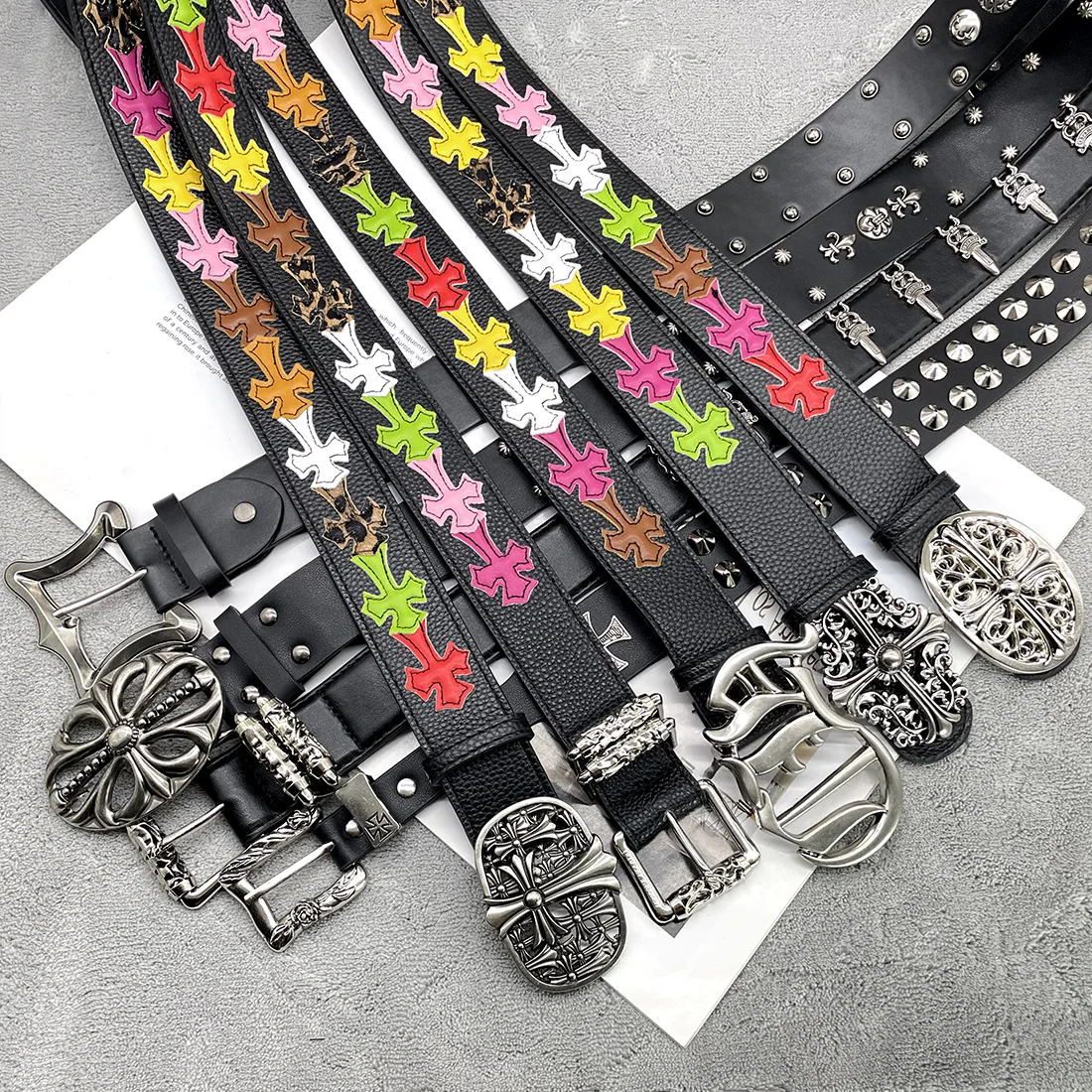 Wholesale Men's Retro Fashion Belt Personalized Colorful Youth Style Ancient Cross Classic Star Alloy Buckle Leather Belt