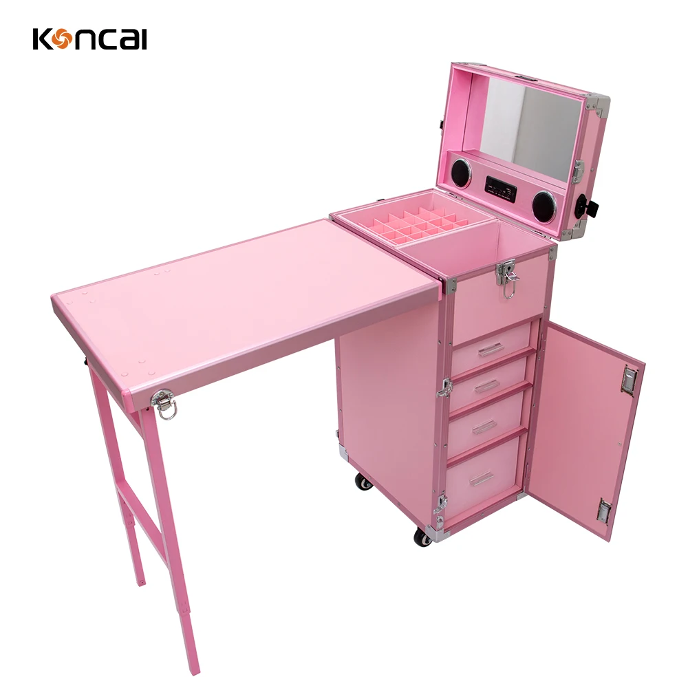 Custom Pink Nail Table Rolling Case Beauty Salon Manicure Table Makeup