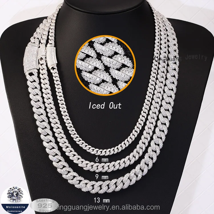 High-end Bling Bling Hip Hop Necklace Bracelet Moissanite Cuban Chain  6MM-13mm Silver Iced Out VVS1 Moissanite Cuban Link Chain