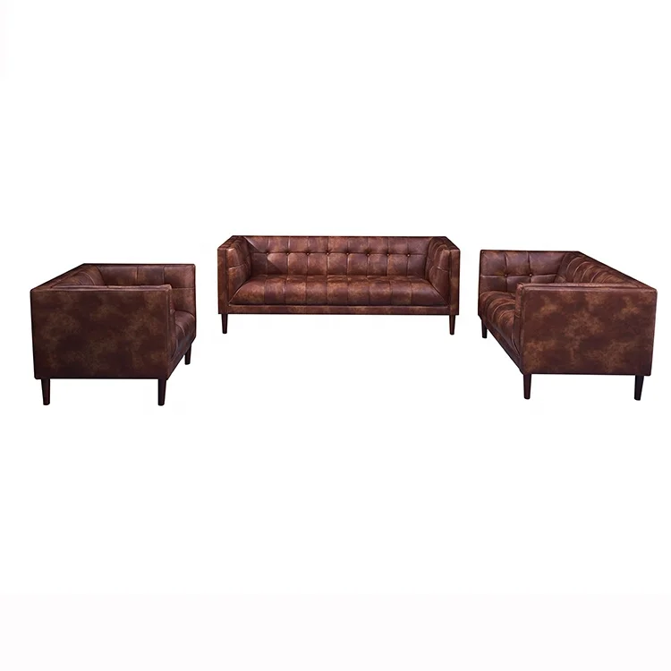 Modern Lounge Design Furniture Brown Leather Loveseat Sofa Living Room Wooden Sofa