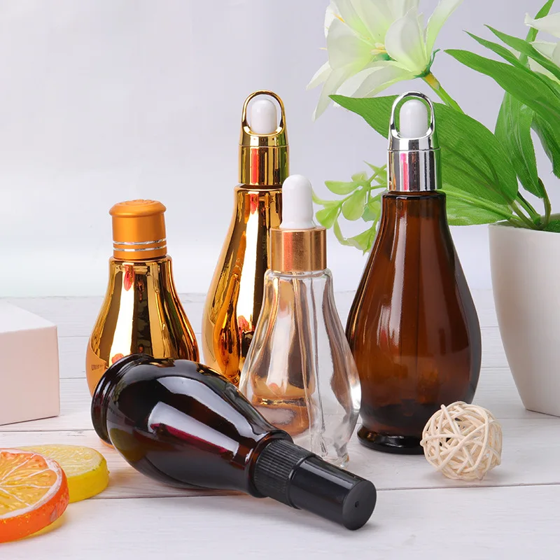 Wholesale 20ml 30ml 50ml 100ml Empty clear Amber Gourd Essence Oil Bottle Perfume Bottle with Glass Tube Dropper Lid