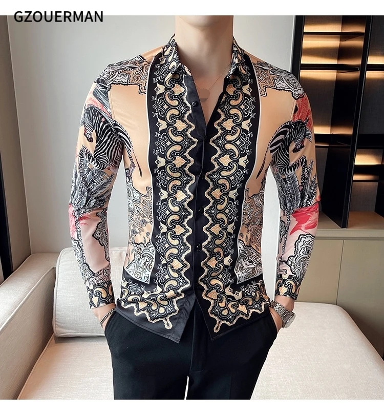 2022 Men Gentleman Long Sleeve Lapel Zebra Leaf Printed Shirt New Fashion Button Formal Royal Court Hot Sale Casual Shirt