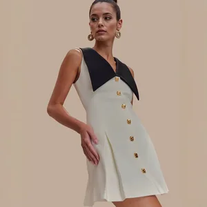 Manufacturer Designed Casual Office Wear Dress Chiffon Fabric High-End Sense Sleeveless Large Lapel Solid Waist Metal Buckle