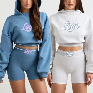 Huilil Custom Logo Women's Two Piece Set French Terry Pullover Hoodie & Acid Wash Legging Shorts Solid Color Acrylic Material