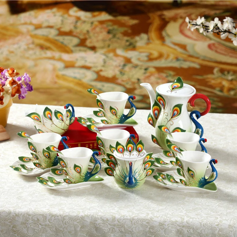 Eco Friendly Peacock Shape Teacup and Saucer Enamel  Porcelain Tea Set Ceramic Turkish Tea Sets With Teapot Porcelain
