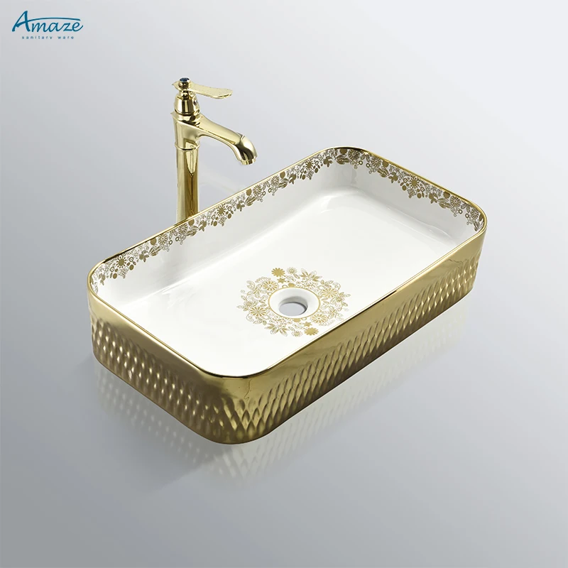 Factory hight quality colour sanitary ware easy clean gold-plated countertop wash hand basin bathroom ceramic sink for hotel factory