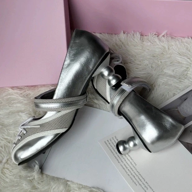 Silver Ballet Sports Style Outdoor Mary Jane Casual Shoes Girls Square Toe Thin High Heel For Women - Image 1