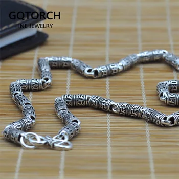 Real Pure 925 Sterling Silver Six Words Mantra Necklace For Men Vintage Thai Silver Om Mani Padme Hum Tibetan Buddhism Jewelry