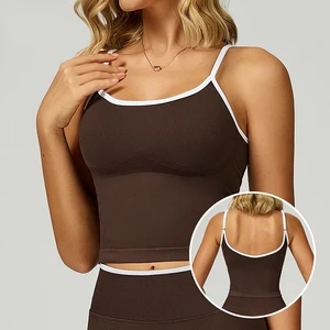 Stylish Strappy Contrast Trim Yoga Tank Top Hollow Back Breathable Seamless Vest for Ladies Workout Running Pilates Activewear