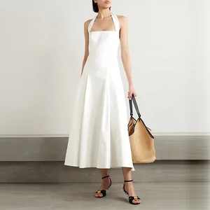 Clothing Manufacturer Spring Summer White Twill Open Back Turtleneck Sleeveless Women Elegant Casual Cotton Midi Dress