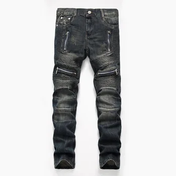 Men's Zip Biker Distressed Jeans Plus Size Retro Motorcycle Denim Pants ...