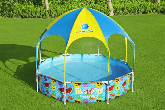 Bestway 56432 Splash Frame Pool in Shade with a Sun Canopy and Sprinkler Above Ground Swimming Paddling Pool