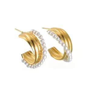 Fine 18K Gold Plated Stainless Steel Chunky Small Hoop Earring Jewelry for Women Fashion Pearl Hoop Earrings