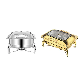 Luxury Hotel Golden Buffet Stove Chafing Dish Alcohol Electric Automatic Heating Food Warmer Set With Hydraulic Visible Cover