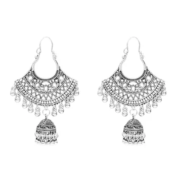 2019 Vintage Ethnic Gypsy Indian Earrings For Women Boho Jewelry Ladies Retro Round Bell Tassel Hollow Tassel Jhumka Earrings