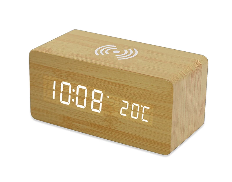 H6007 Led Wood Desktop Alarm Clock With Wireless Charger Led Display ...