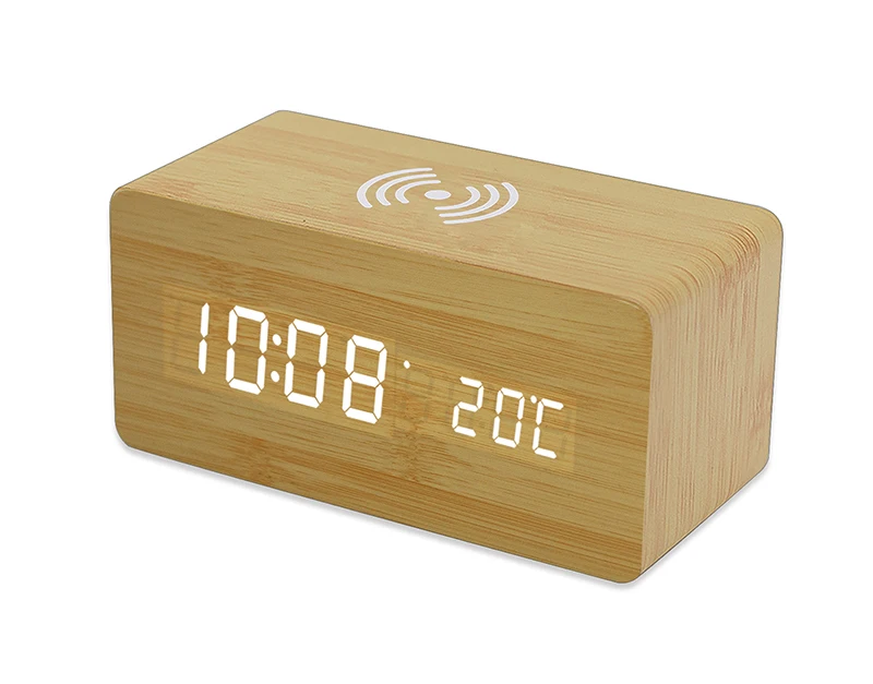H6007 Led Wood Desktop Alarm Clock With Wireless Charger Led Display