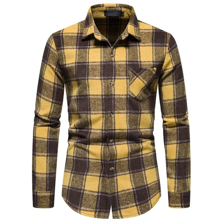 Wholesale Men's Thick Stylish Flannel Plaid Shirts Winter Casual Yellow
