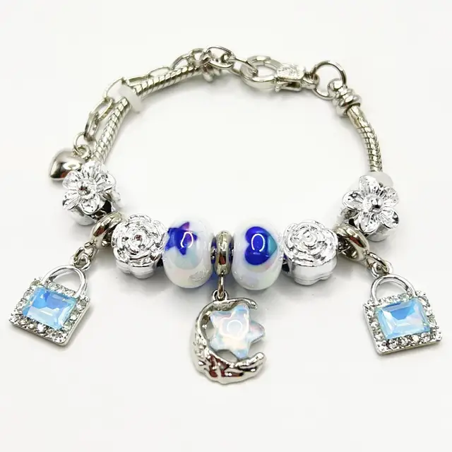 High Quality Silver Plated Crystal Lock Pendant Large Hole Beads Moon and Star  Charm Bracelet for Women