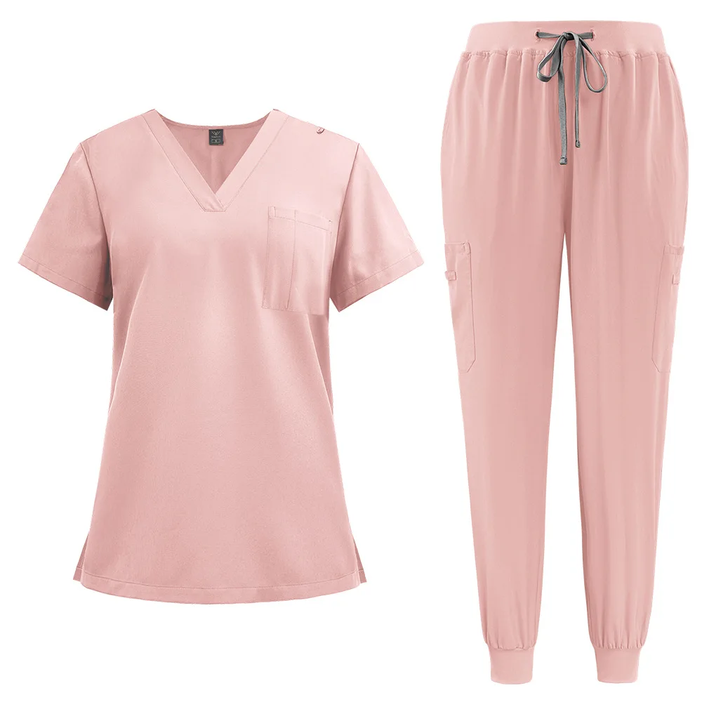 Hospital Uniforms Short Sleeves Nurse Scrubs Sets V-neck Nursing Uniforms Top & Pants with Multi Pocket Summer