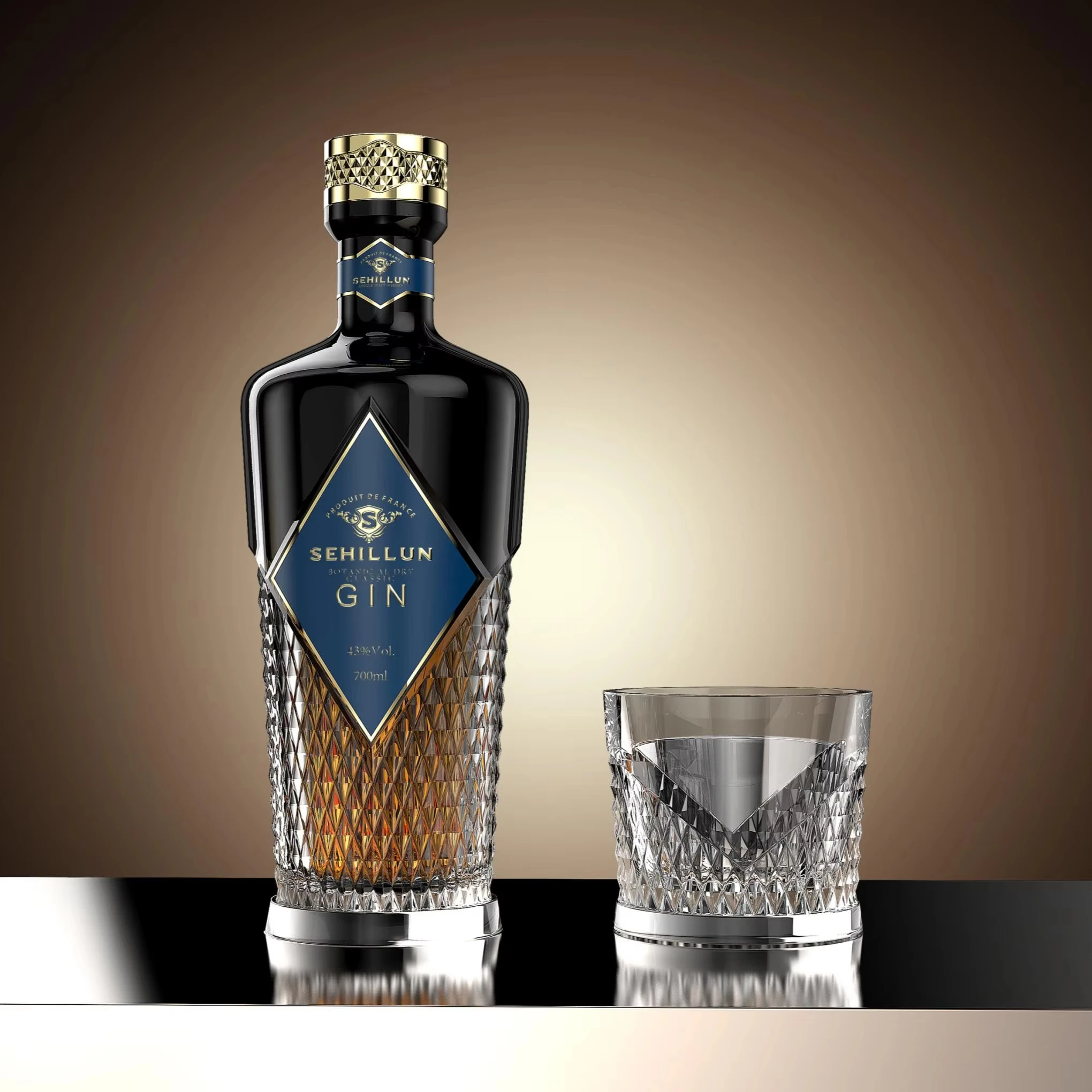 Wholesale clear bottle gin liquor bottles with color and fancy logo custom box