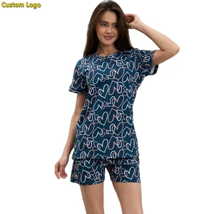 Custom Logo Pyjama Women Large Size Two-Piece Sleep Satin Pajama Shorts Lounge Printed  ODM Home Loungewear Women Clothing 2026