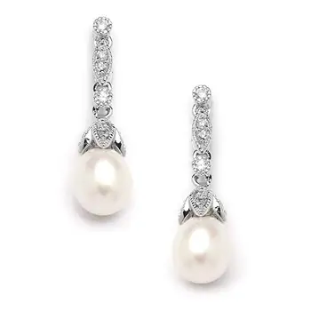 Bride Bridesmaid Wedding Genuine Freshwater Pearl Tear Drop Earrings Vintage Cubic Zirconia Pearl Earring