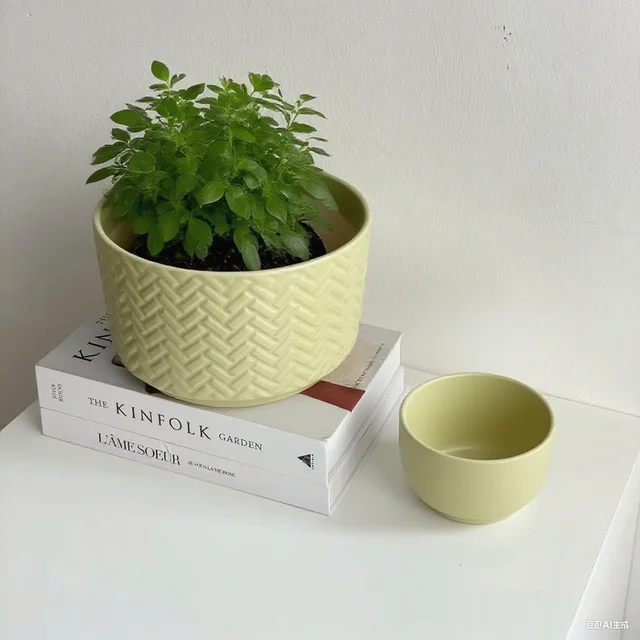 Weave Pattern Ceramic Flower Pot Wide Top Premium Indoor Outdoor Planter
