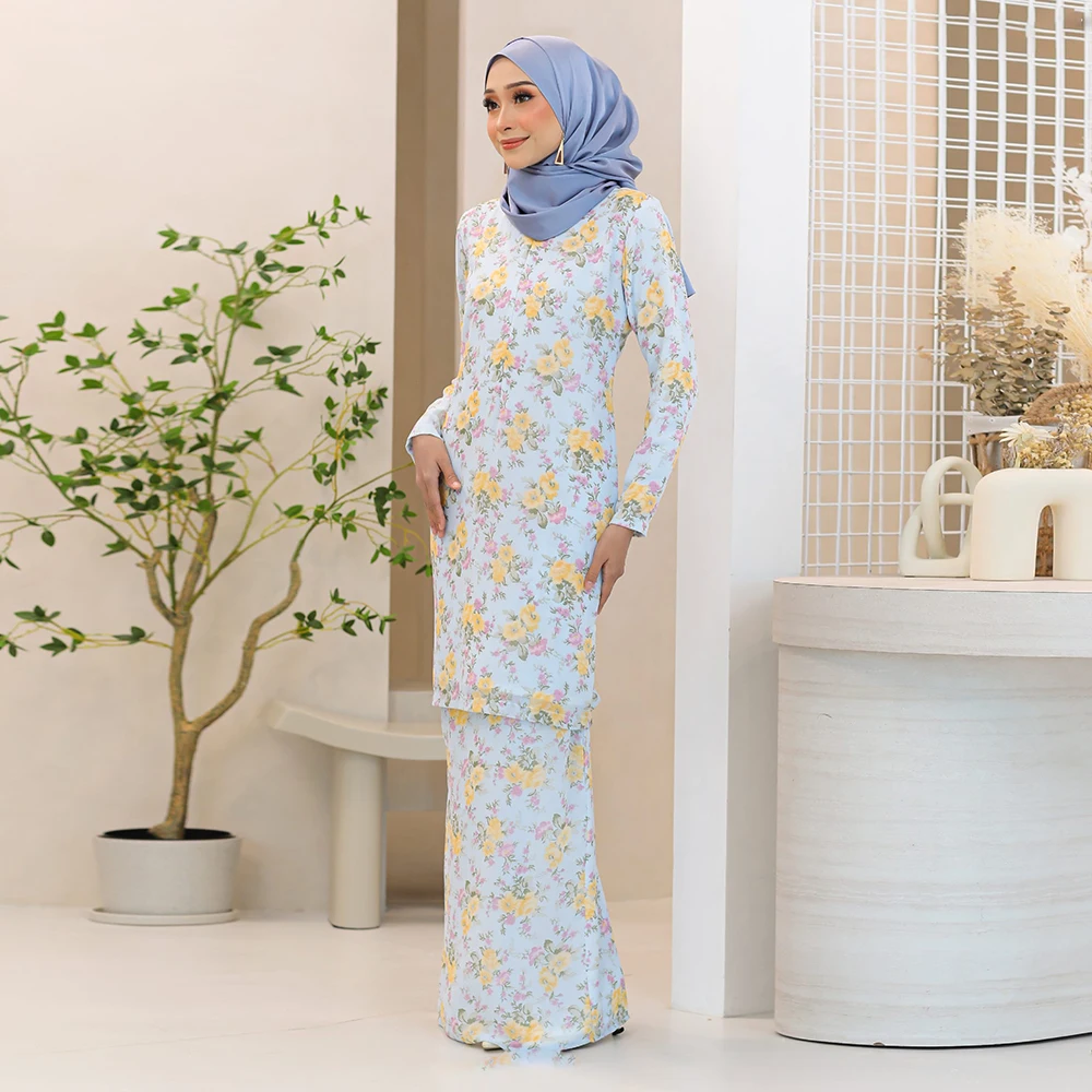 2023 Malaysia Traditional Custom Pattern Blouse Skirt Set  Floral Printing Heavy Chiffon CoTudung Girl Baju Kurung