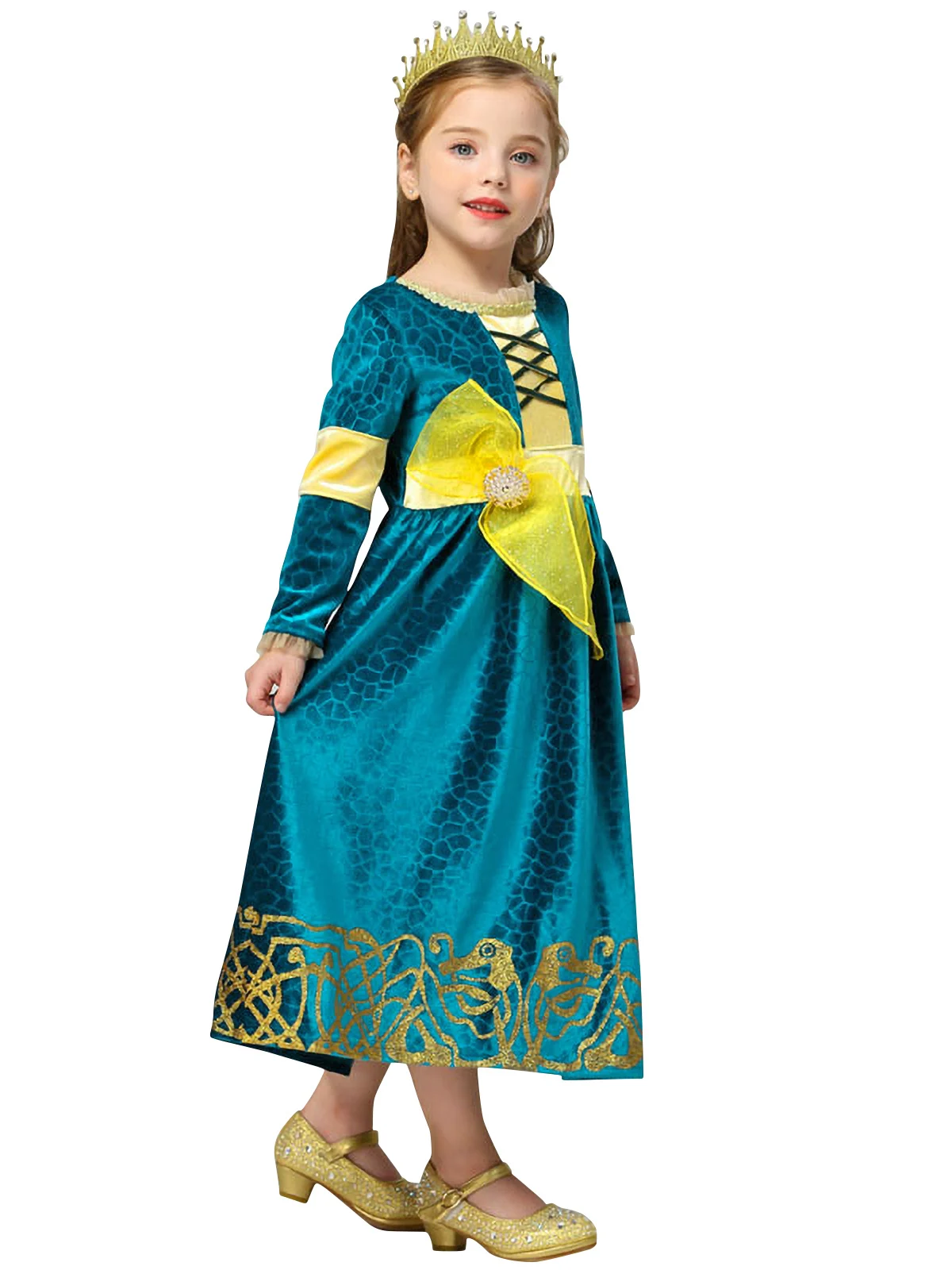 Hot Selling Wholesale Halloween Braver Bravery Merida Cosplay Dress up Costume Girls Dress Princess Dresses With Crown and Wand