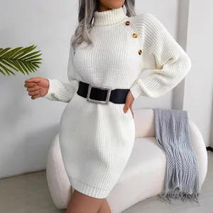 White Woolen Knitted Dress for Women Christmas Winter Casual Turtle Neck Long Sleeve Sweater Buttons Elegant Pencil Silhouette