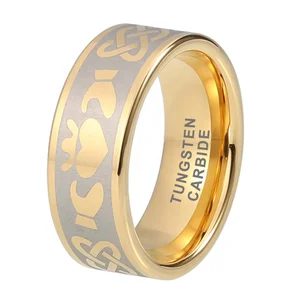 Coolstyle Jewelry 8mm Gold Tungsten Rings for Men Women Engagement Band Irish Claddagh Celtic Knot Design Pipe Cut Polished