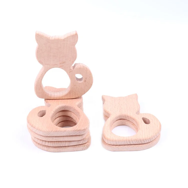 DIY Custom Teething Toy Beech Wood Wooden Cat Shaped  Teether for Baby