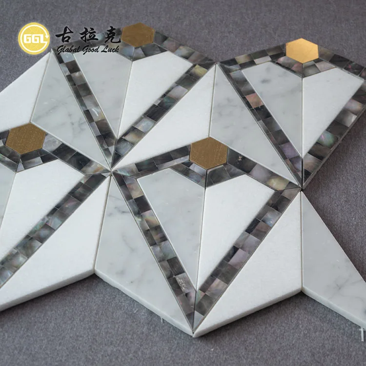 Black Lip Shell Mix White Marble and Brass Mosaic Tiles Waterjet Mosaic Tiles 300*300 mm Sheet manufacture