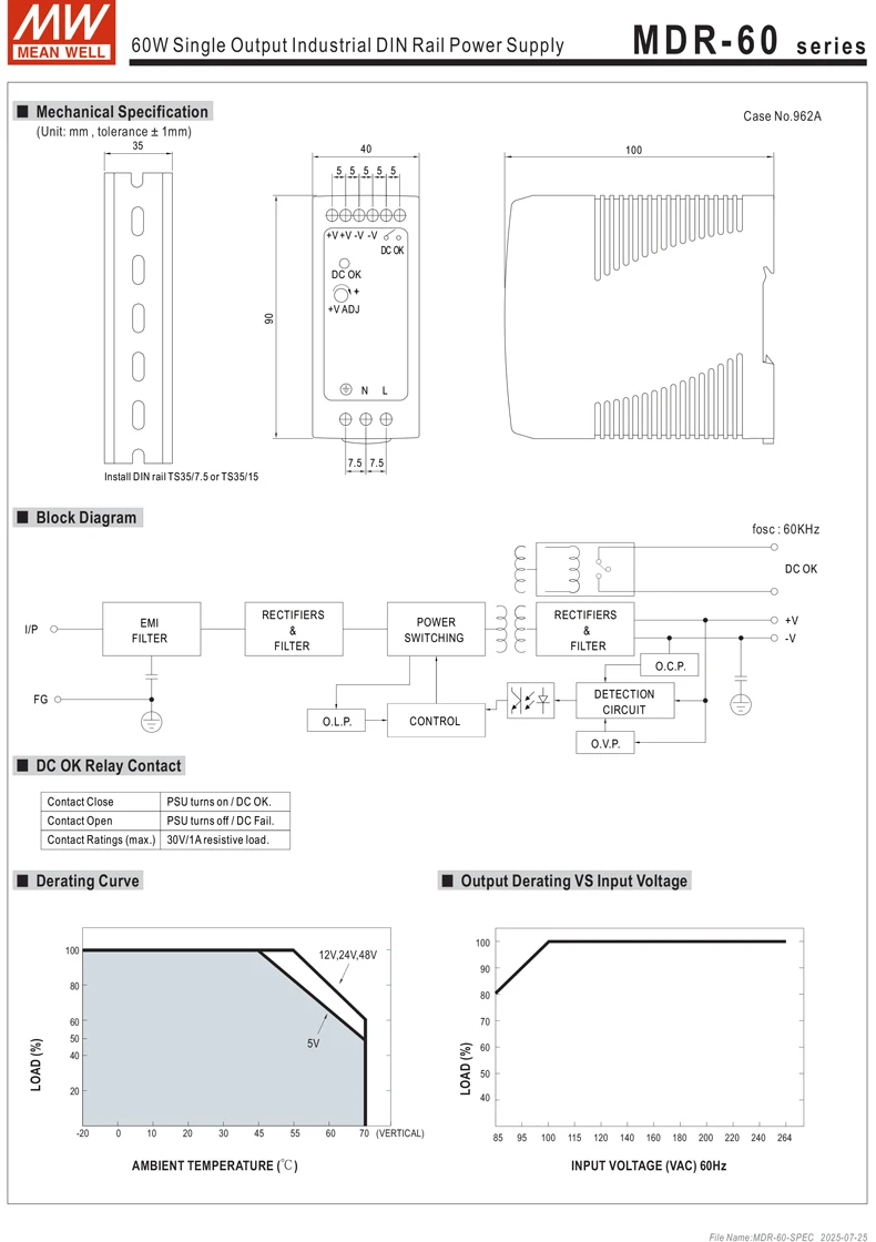 MEAN WELL MDR Series 10W to 100W DIN Rail Mount PSU Low No Load Loss <0.75W for Building Automation and Smart Home
