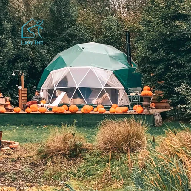 Glamping Dome Tent PVC Green Half Sphere Outdoor Dome Tent 6 meters With Shower And Toilet