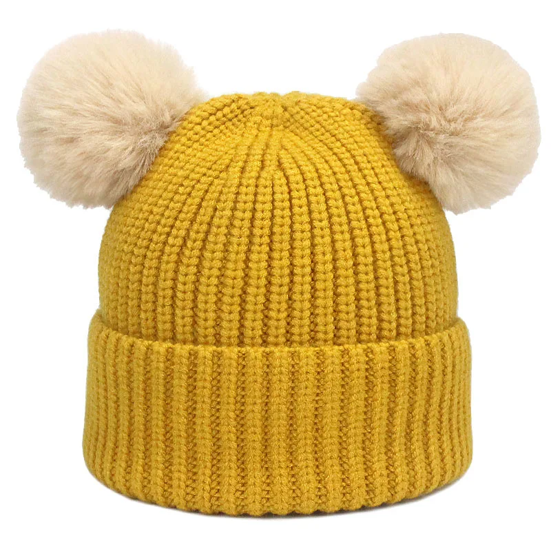 Baby Winter Faux Fur Beanie Hat Kids Knitted Double Pompom Ball Bobble Ski Cap 