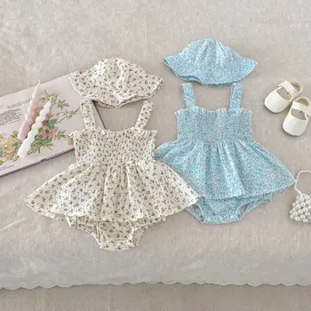 Baby summer clothes floral baby girl sleeveless onesie Hundred Days banquet crawling suit jumpsuit + hat
