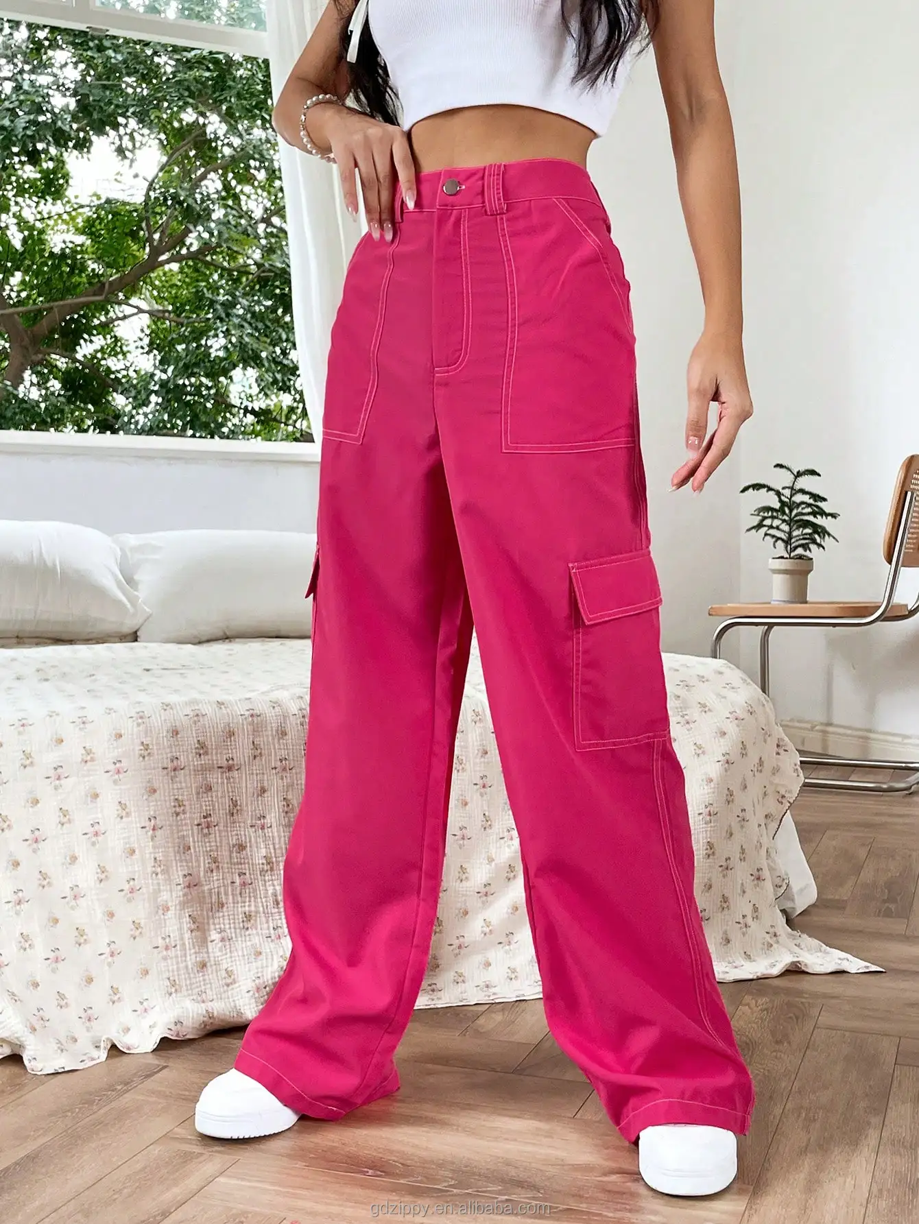 Custom Pink 6 Pockets Straight High Waist Cargo Pants Women Solid Flap ...